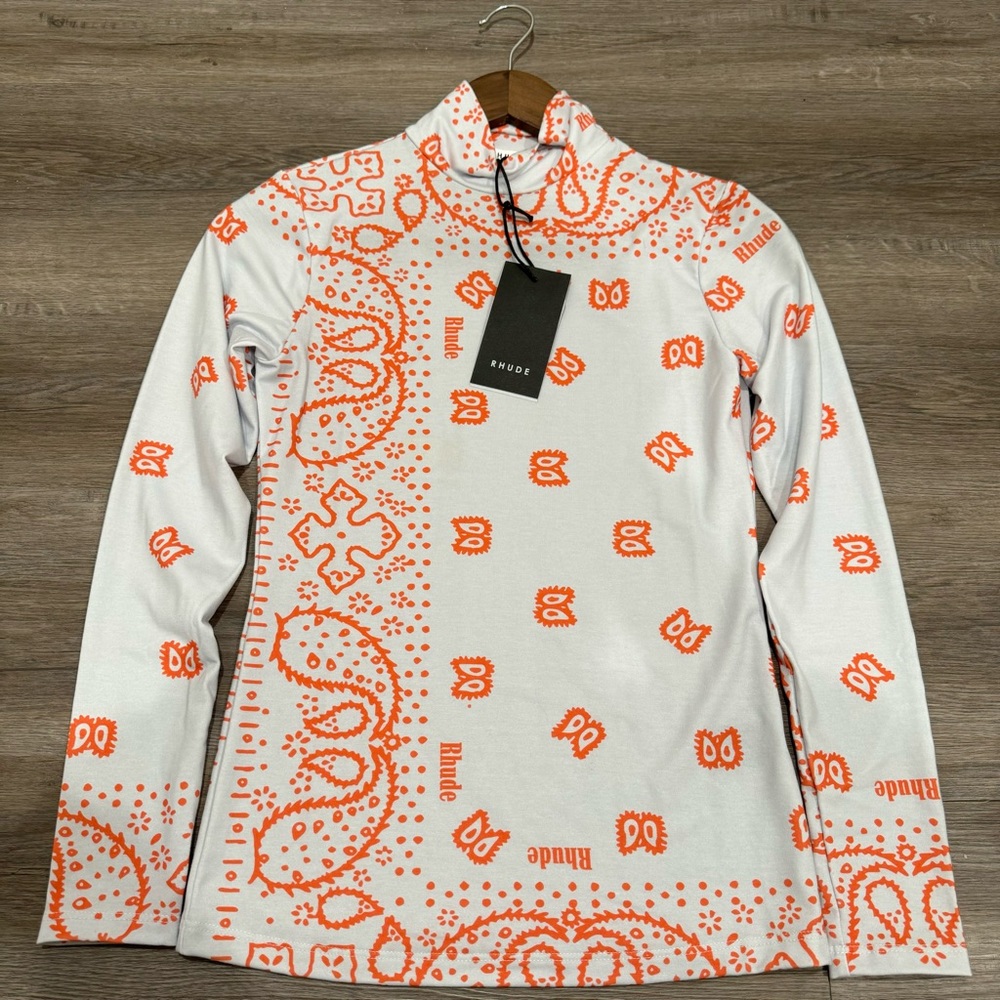 Rhude Bandana Turtleneck T Shirt Long Sleeve Logo Grey Coral